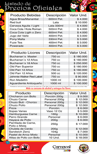 LISTADO DE PRODUCTOS Y BEBIDAS EN UN PALCO DEL CARNAVAL DE BARRANQUILLA