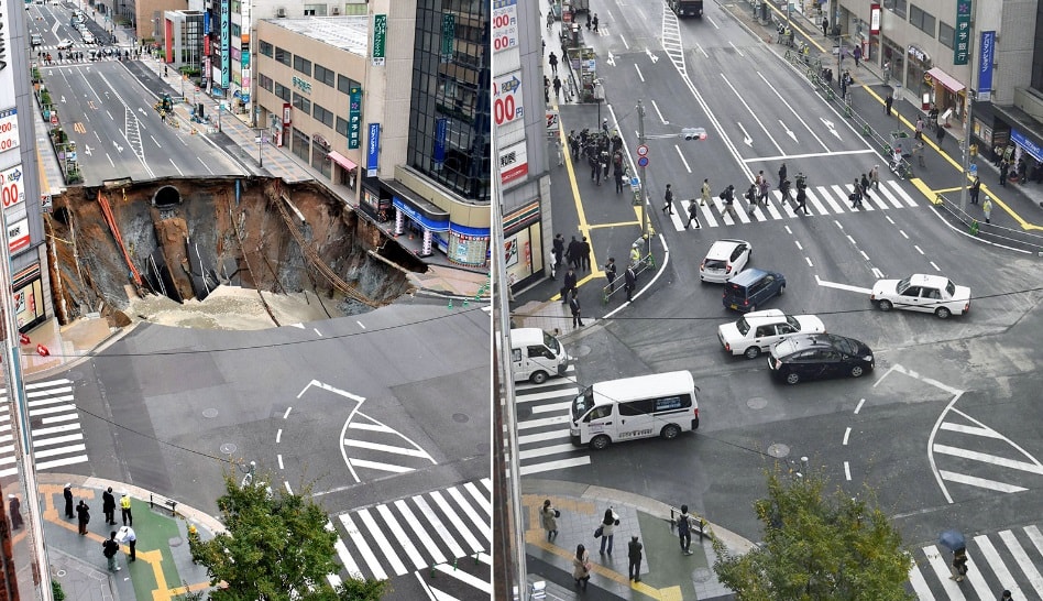 Jap&oacute;n: agujero gigante que se traga casi toda una avenida es reparado en 48 horas