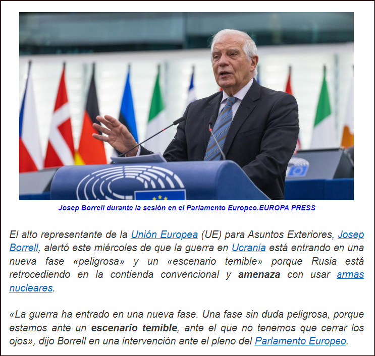  Guerra nuclear (Ucrania): "Rusia retrocede y amenaza con usar armas nucleares" (J. Borrell)