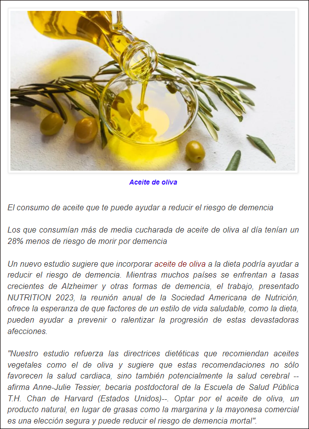 Recomiendan el aceite de oliva para reducir el riesgo de demencia mortal