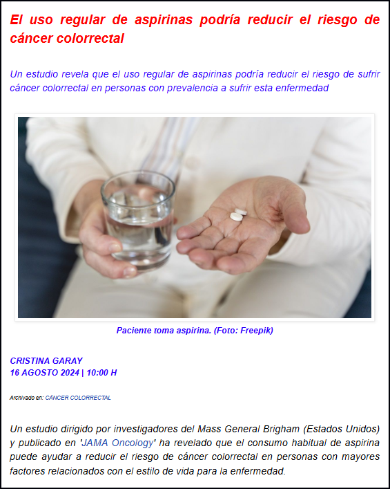 La aspirina, ese familiar medicamento que lo cura casi todo. Ahora puede curar el c&aacute;ncer colorrectal
