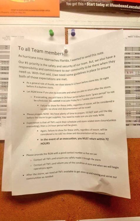 Gerente de Pizza Hut es acusado de amenazar a empleados por huir de Irma