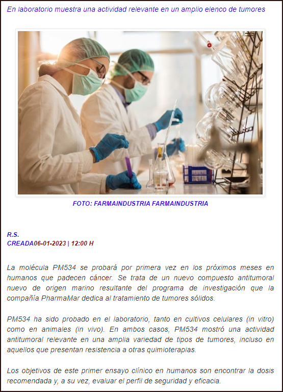 Por primera vez en humanos se prueba mol&eacute;cula PM534 contra el c&aacute;ncer mostrando actividad relevante