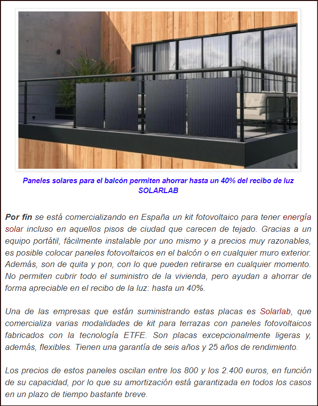  Paneles solares en terrazas y balcones de viviendas, ahorran el 40% del gasto en electricidad