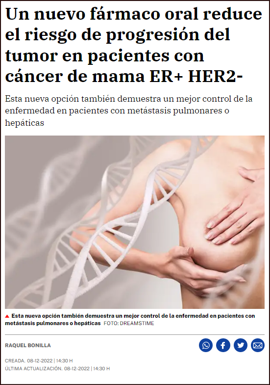 Un f&aacute;rmaco nuevo reduce el riesgo de progresi&oacute;n del c&aacute;ncer de mama
