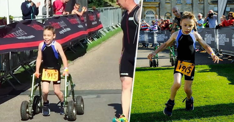 Ni&ntilde;o con par&aacute;lisis cerebral finaliza triatl&oacute;n y cruza la meta sin la ayuda de su andador