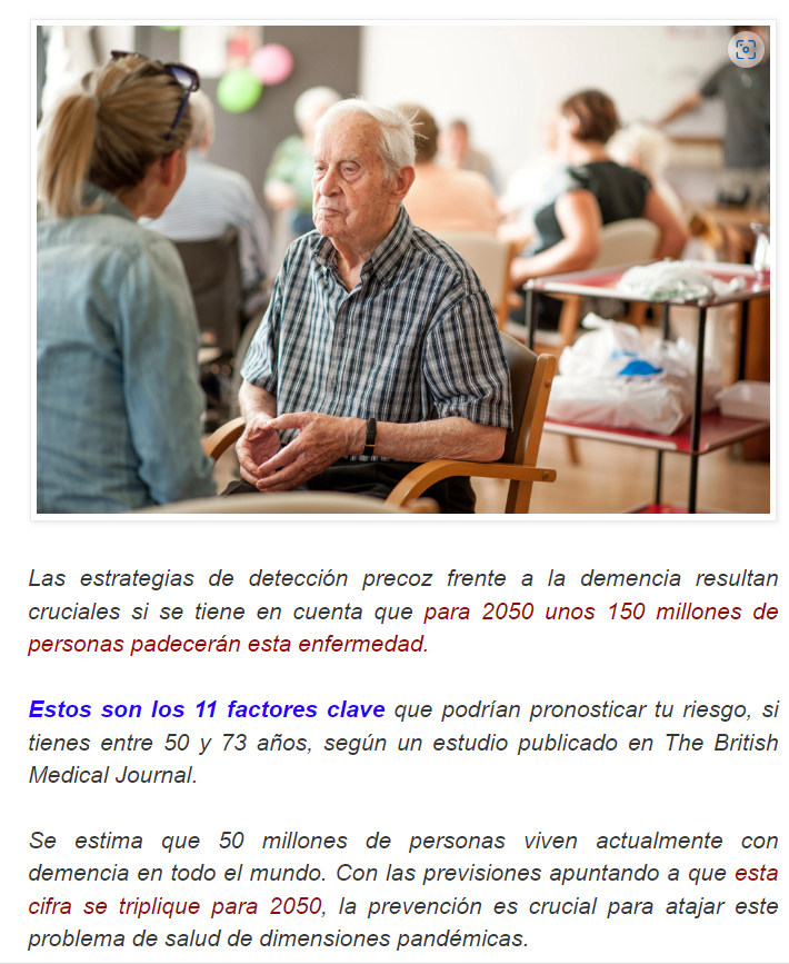 Si tienes m&aacute;s de 50 a&ntilde;os hay 11 factores que pueden pronosticar tu riesgo de sufrir demencia