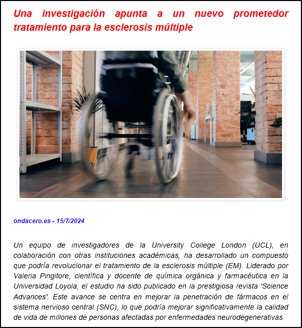 La University College London (UCL), anuncia un prometedor tratamiento para la esclerosis m&uacute;ltiple