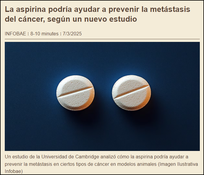  La aspirina esa vieja soluci&oacute;n a nuestros males, ahora, la met&aacute;stasis