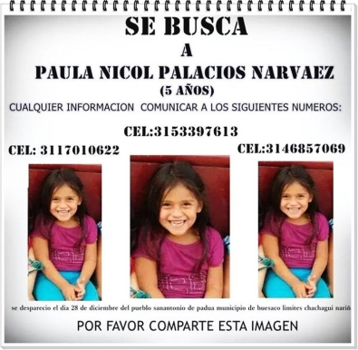 Paula Nicol Palacios, la ni&ntilde;a que desapareci&oacute; en Nari&ntilde;o el 28 de diciembre de 2014