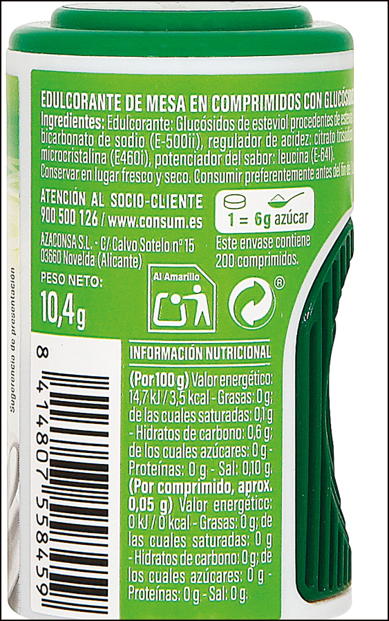  STEVIA de Supermercados CONSUM en pastillas: Edulcorante a examen