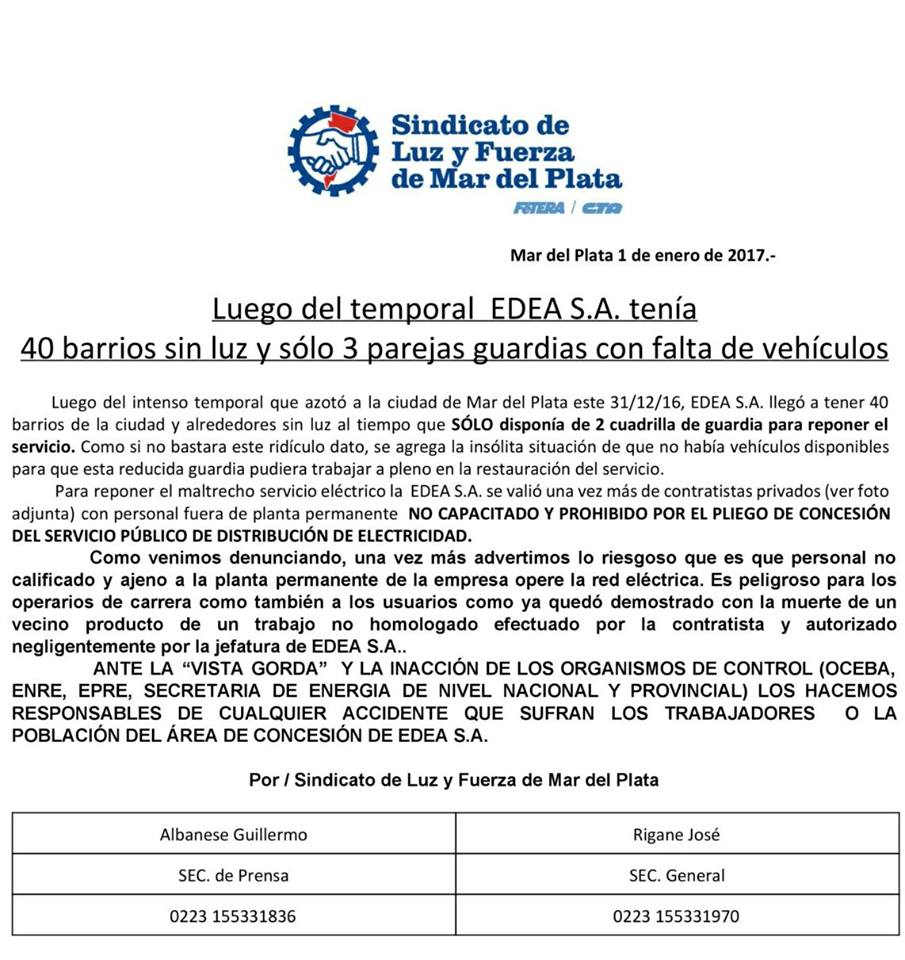 Luego del temporal ADEA S.A. ten&iacute;a 40 barrios sin luz y s&oacute;lo 3 parejas guardias con falta de veh&iacute;cul