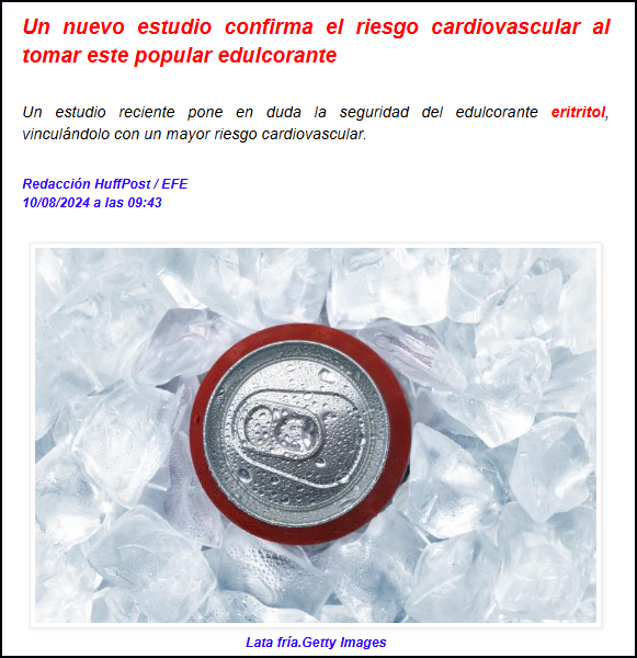  Un estudio pone en crisis la seguridad del edulcorante ERITRITOL