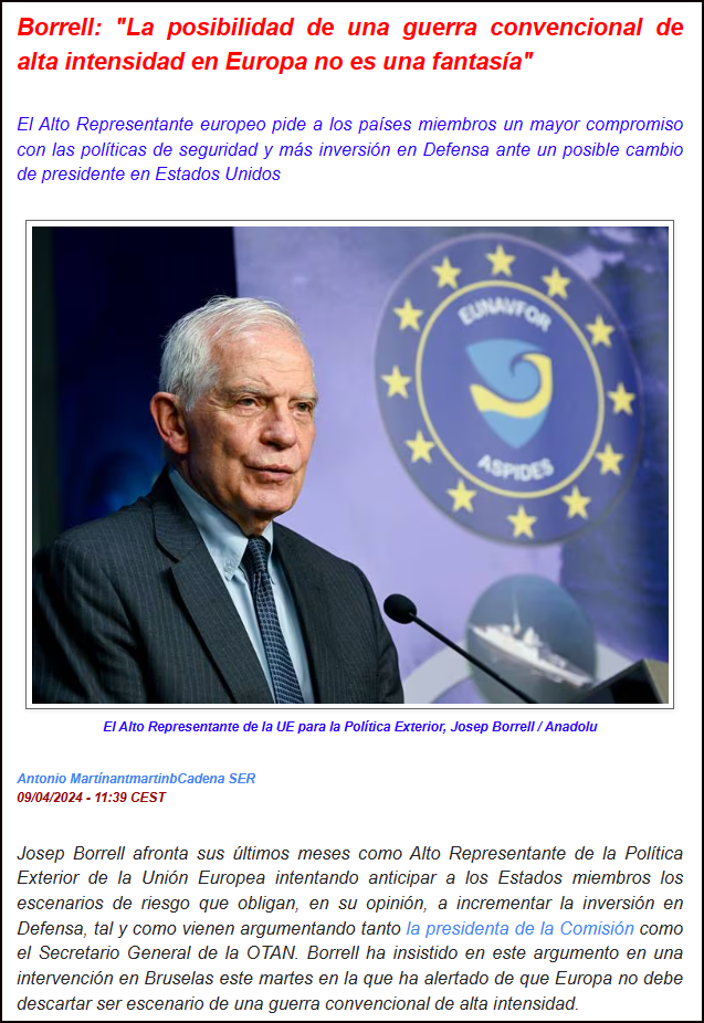  Una guerra convencional de alta intensidad en Europa no es una fantas&iacute;a, seg&uacute;n Borrell