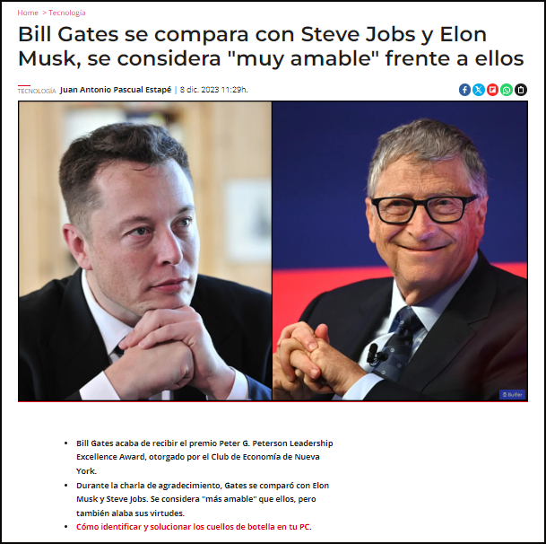 Bill Gates se considera m&aacute;s amable que Musk y que lo fue Jobs