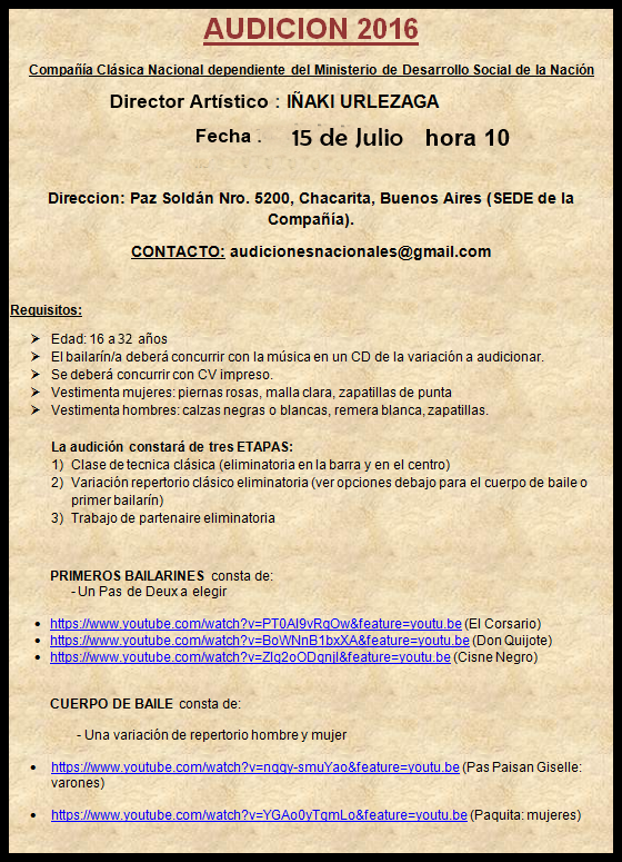 Audicion 2016 para el Ballet Nacional dirigido por I&ntilde;aki Urlezaga