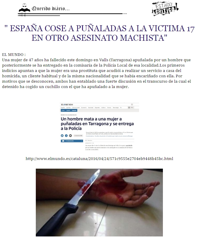 " ESPA&Ntilde;A COSE A PU&Ntilde;ALADAS A LA VICTIMA 17 EN OTRO ASESINATO MACHISTA"