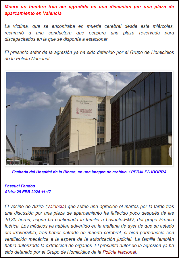 Mata d un pu&ntilde;etazo a discapacitado por impedirle a su chica aparcar su coche en zona de minusv&aacute;lidos