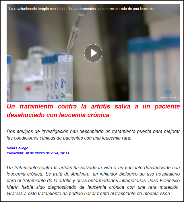 Un medicamento contra la artritis salva a un enfermo de leucemia cr&oacute;nica en Murcia