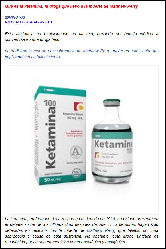  La Ketamina ... &iquest;Qu&eacute;? &iquest;Qui&eacute;n? &iquest;Por qu&eacute; puede matar a quien la toma?