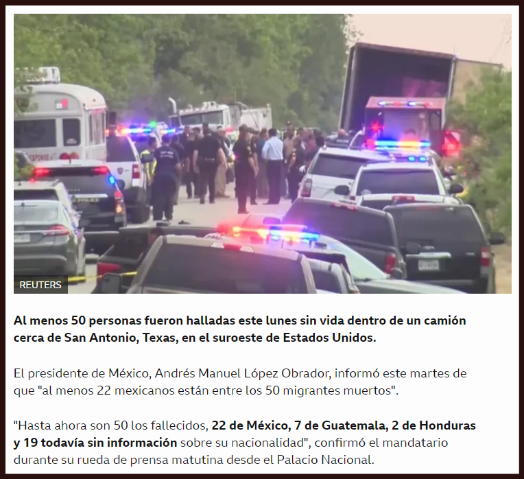 Hallan a 50 migrantes muertos en un cami&oacute;n abandonado en Texas, suroeste de Estados Unidos