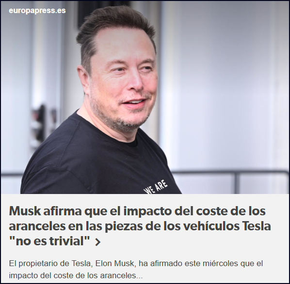  Musk afirma q el impacto del coste d los aranceles en las piezas de veh&iacute;culos Tesla no es trivial
