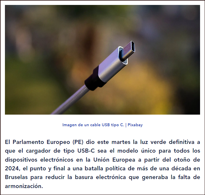  USB-C, aprobado, ya es el cargador &uacute;nico de dispositivos electr&oacute;nicos en la Uni&oacute;n Europea