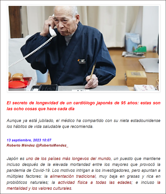  Longevidad: Los 8 secretos de un cardi&oacute;logo japon&eacute;s de 95 a&ntilde;os para conseguirlo