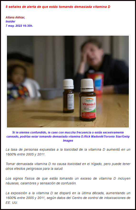 Alarma:Cuidado con la vitamina D y no solo por defecto, un exceso puede provocar, incluso, la muerte