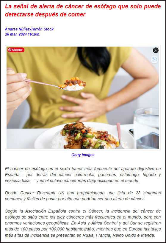  Hoy, aqu&iacute;, informaci&oacute;n sobre como detectar un c&aacute;ncer de es&oacute;fago