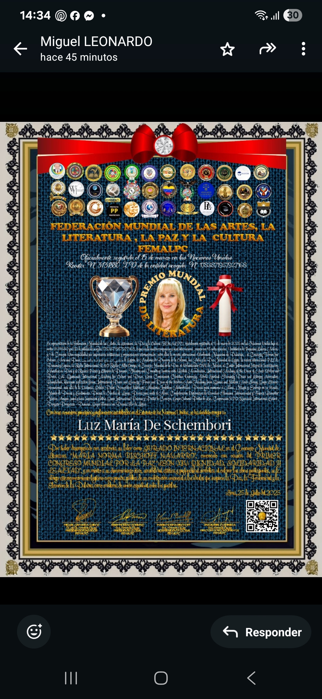 Luz Mar&iacute;a Schembori es distinguida con el Premio Mundial por la Federaci&oacute;n de las Artes FEMALPC