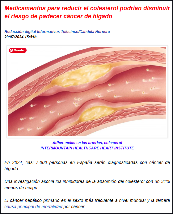  Medicamentos no estat&iacute;nicos para combatir colesterol podr&iacute;an reducir riesgo sufrir c&aacute;ncer h&iacute;gado