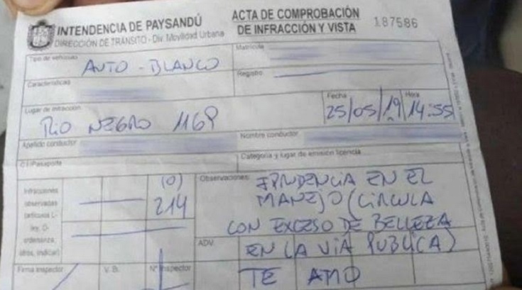 Un inspector enamorado la mult&oacute; por exceso de belleza
