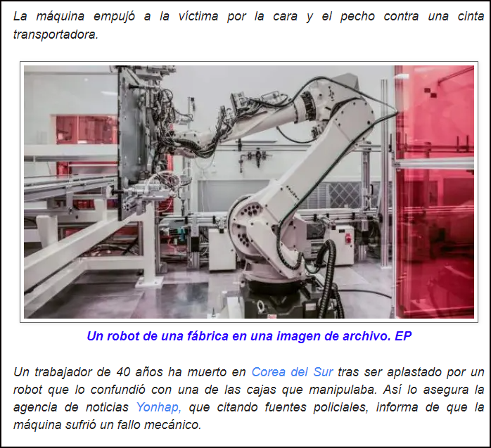  Una m&aacute;quina rob&oacute;tica mata a un trabajador al confundirlo con una caja