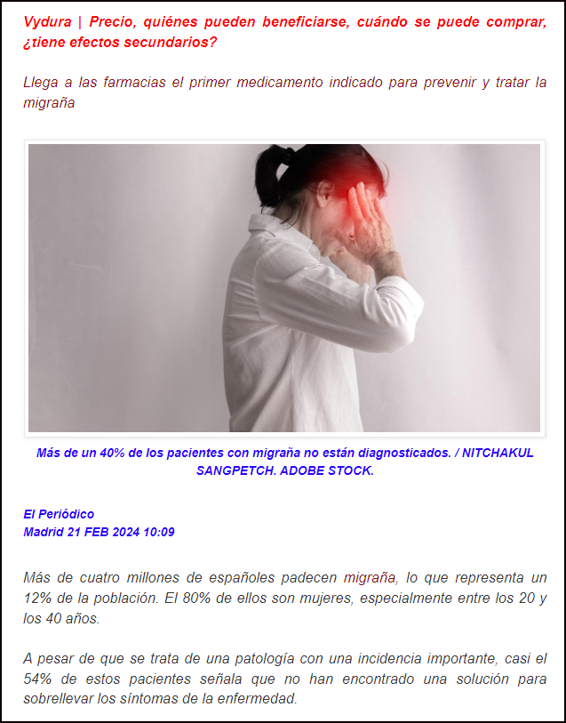  Migra&ntilde;as: A la venta Vydura, el primer medicamento que trata y previene las crisis