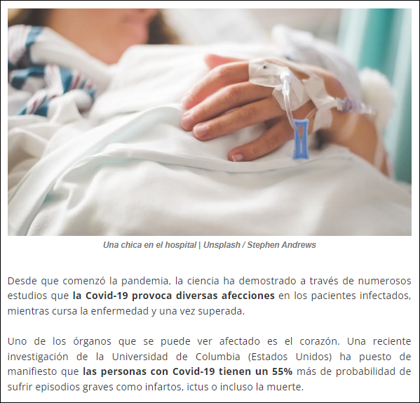 La COVID-19, consecuencias tales como riesgo de infarto, ictus o muerte