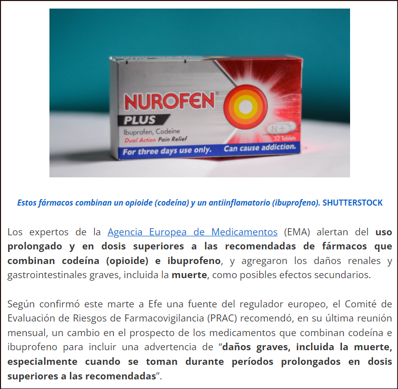 Riesgo de muerte: La EMA, advierte del uso de f&aacute;rmacos que combinan Ibuprofeno y Code&iacute;na