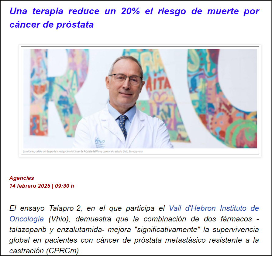 Ensayan con dos f&aacute;rmacos que aumentan la supervivencia en pacientes de c&aacute;ncer d pr&oacute;stata metast&aacute;sico