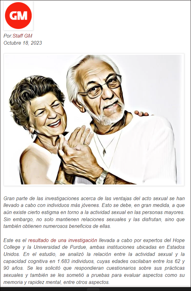  Practicar sexo por las personas mayores les ayuda a mantener un cerebro l&uacute;cido.