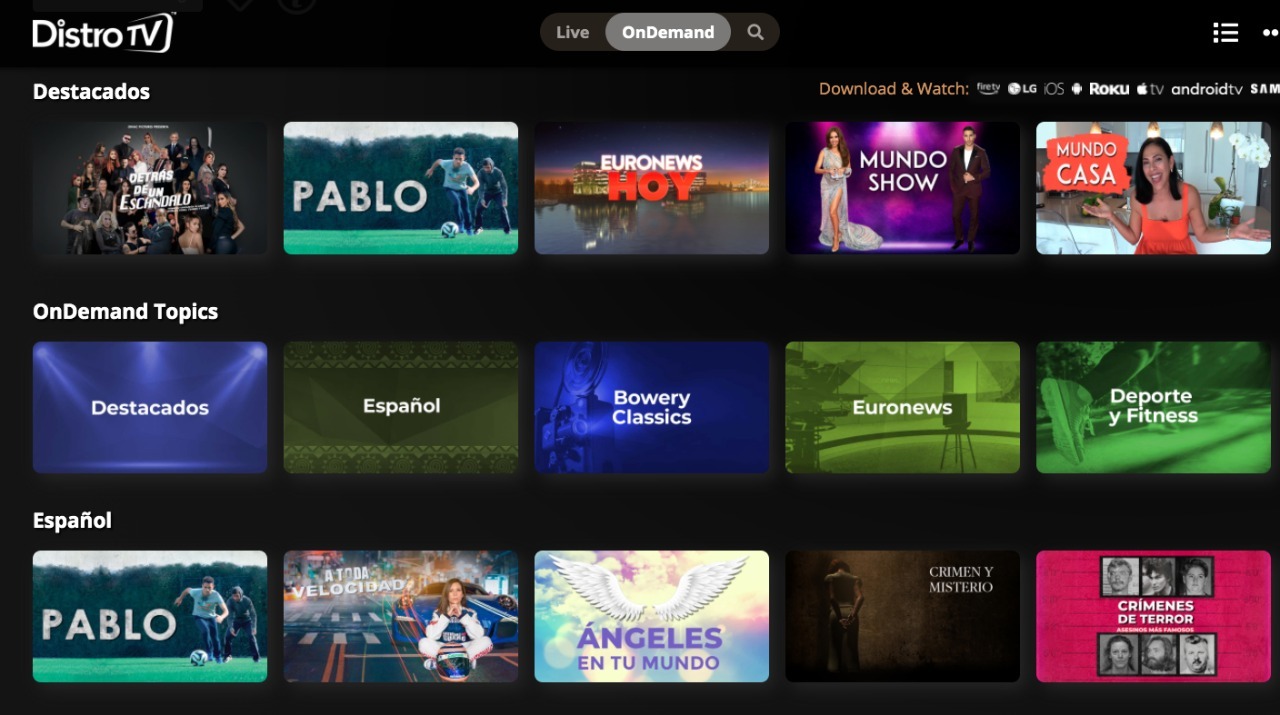 DistroTV lanza el paquete de canales gratuitos Distro TV Espa&ntilde;ol