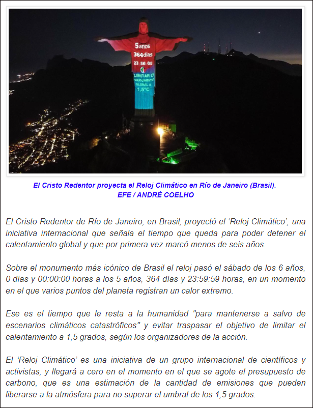 Menos d 6 a&ntilde;os para un final catastr&oacute;fico: Cristo Redentor d R&iacute;o d Janeiro proyect&oacute; Reloj Clim&aacute;tico 