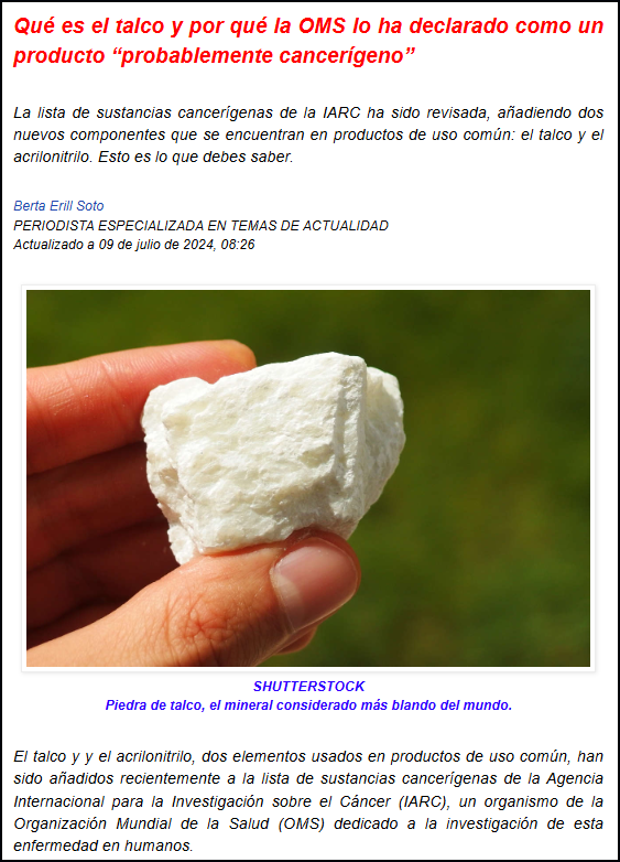 La OMS declara al polvo de talco como producto posiblemente cancer&iacute;geno
