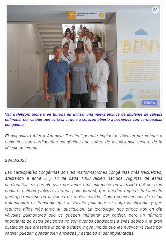 Vall d'Hebron, pionero en Europa en implante de v&aacute;lvula pulmonar con cat&eacute;ter, cirug&iacute;a no invasiva