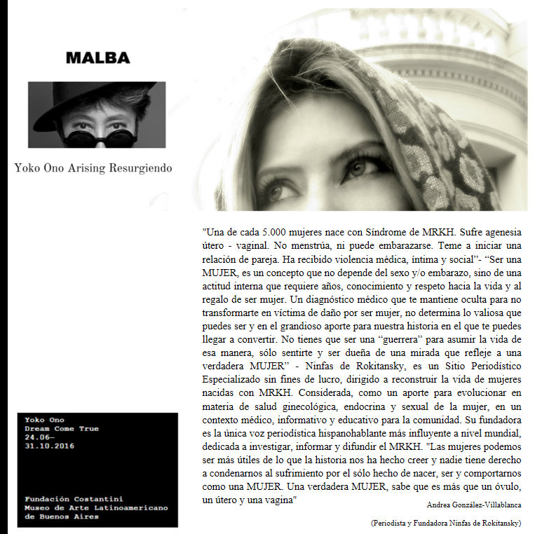 Testimonio de Periodista Andrea Gonz&aacute;lez-Villablanca destacado por Yoko Ono Arising y Museo MALBA