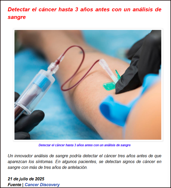  Detectar el c&aacute;ncer hasta 3 a&ntilde;os antes con un an&aacute;lisis de sangre