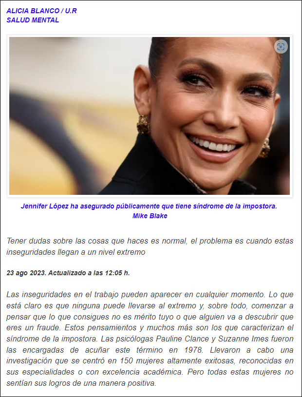  El desconocido s&iacute;ndrome de la impostora que sufre Jennifer L&oacute;pez o Emma Watson