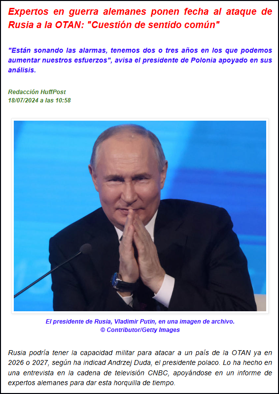  Expertos en guerra alemanes vaticinan que Putin puede atacar a la OTAN en 2026 &oacute; 2027