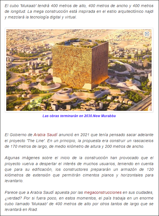  Arabia Saud&iacute; planea construir otra mega construcci&oacute;n, un cubo de lado 400, llamado Mukaab