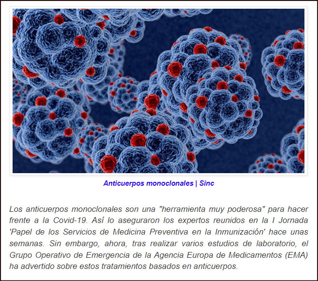 EMA: advertencia, q no un paso atr&aacute;s, sobre tratamientos anti Covid basados anticuerpos monoclonales