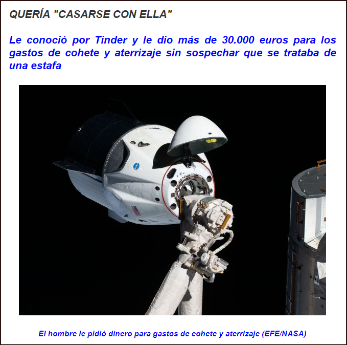 Inveros&iacute;mil: Estafa a mujer haci&eacute;ndose pasar pr astronauta q necesita dinero para volver a la tierra